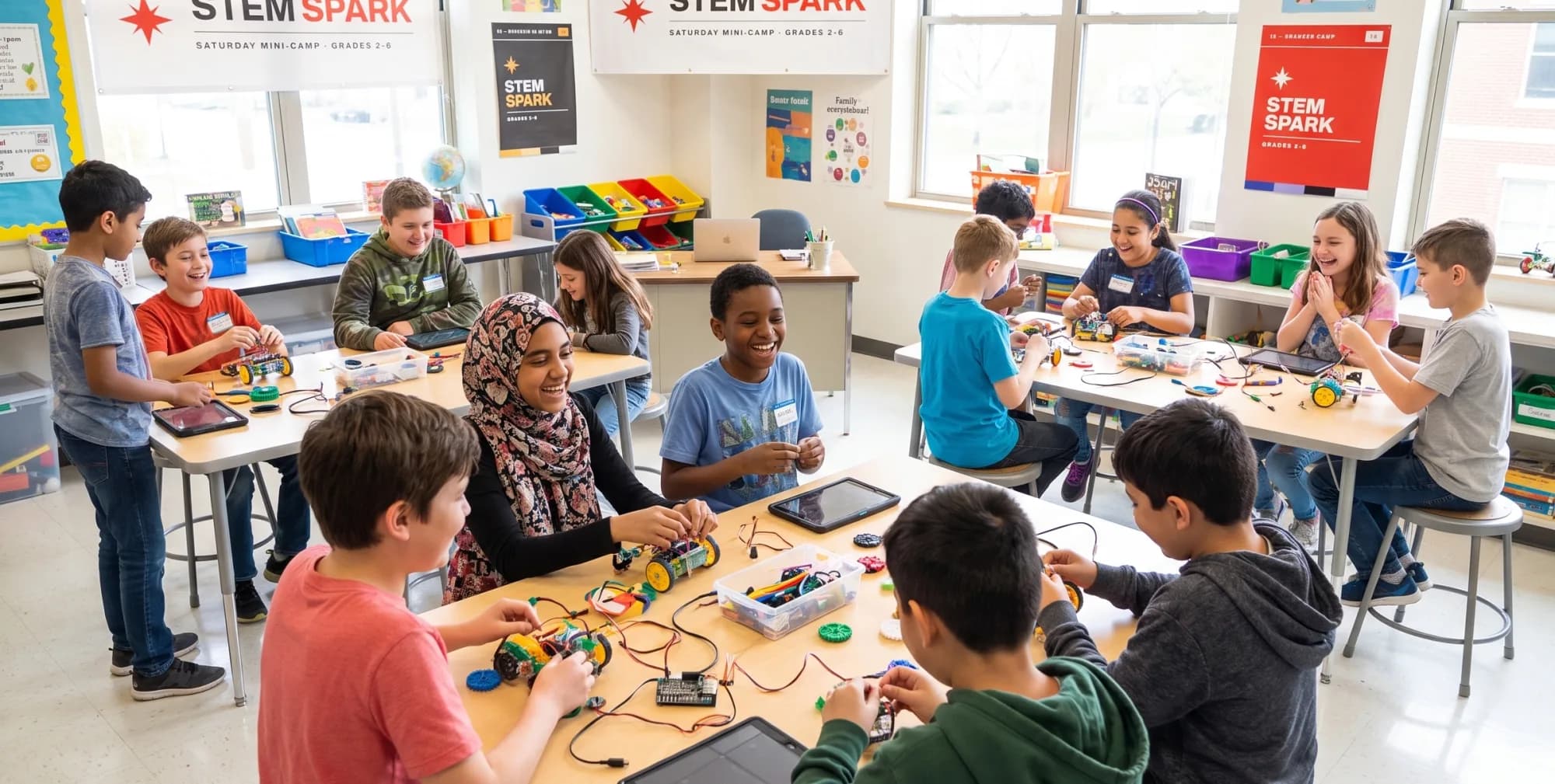 A robot obstacle course mid-run at a Code & Create camp