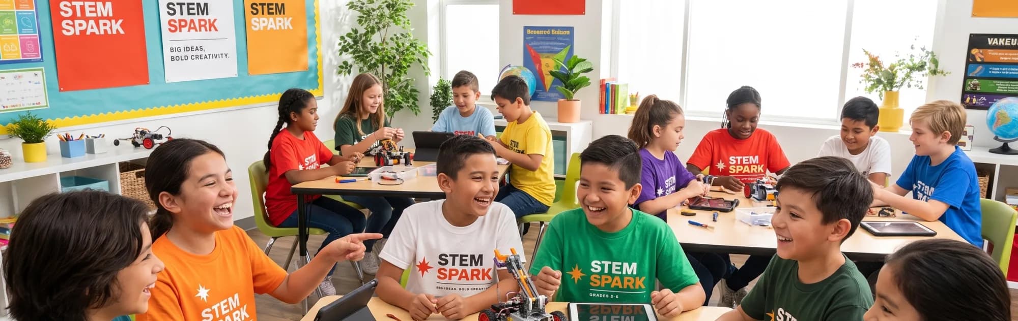 Student innovators in STEM SPARK t-shirts building robots at camp